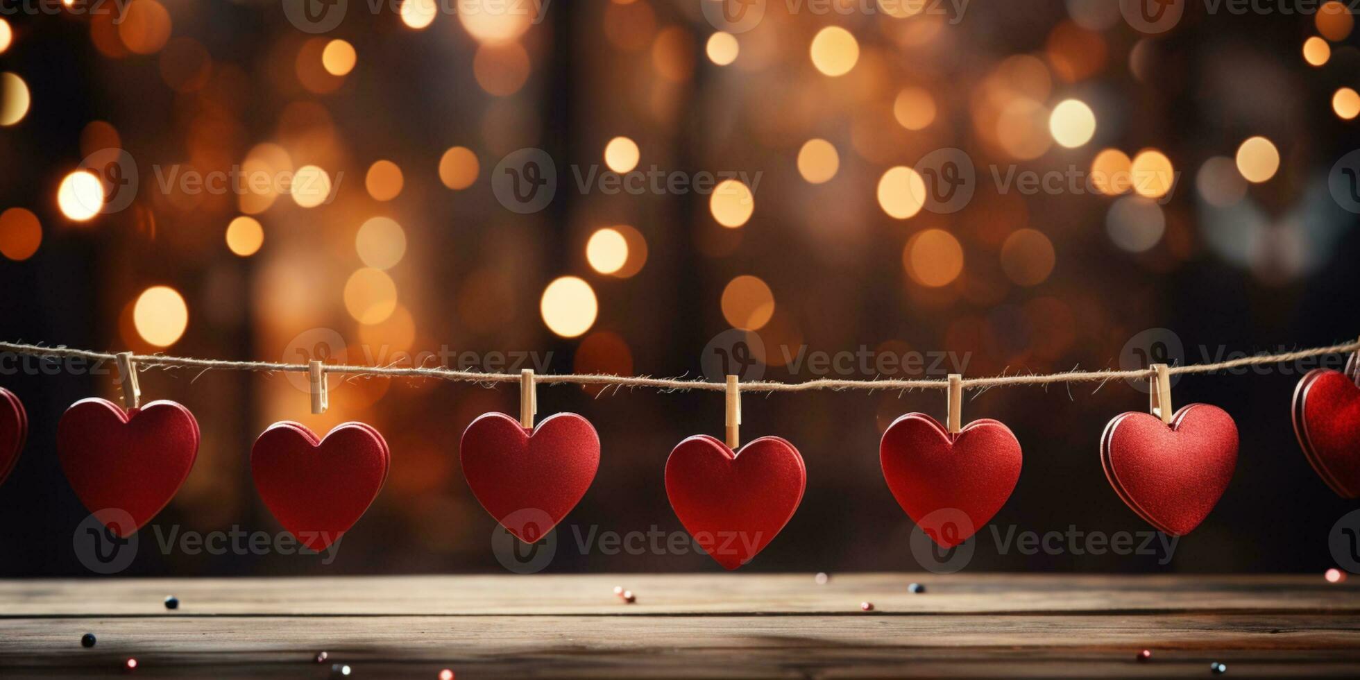 ai generato contento San Valentino giorno nozze compleanno sfondo bandiera panoramico saluto rosso cuori sospeso su di legno mollette corda con bokeh luci su sfondo foto