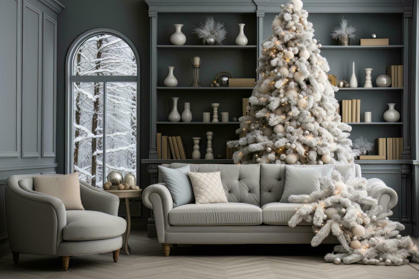 ai generato Natale albero e Natale albero in piedi nel vivente camera con grigio tappeto. foto