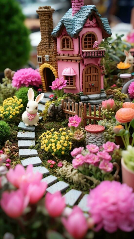 ai generato un' capriccioso Immagine di un' Fata giardino, completare con miniatura case, fiori, foto
