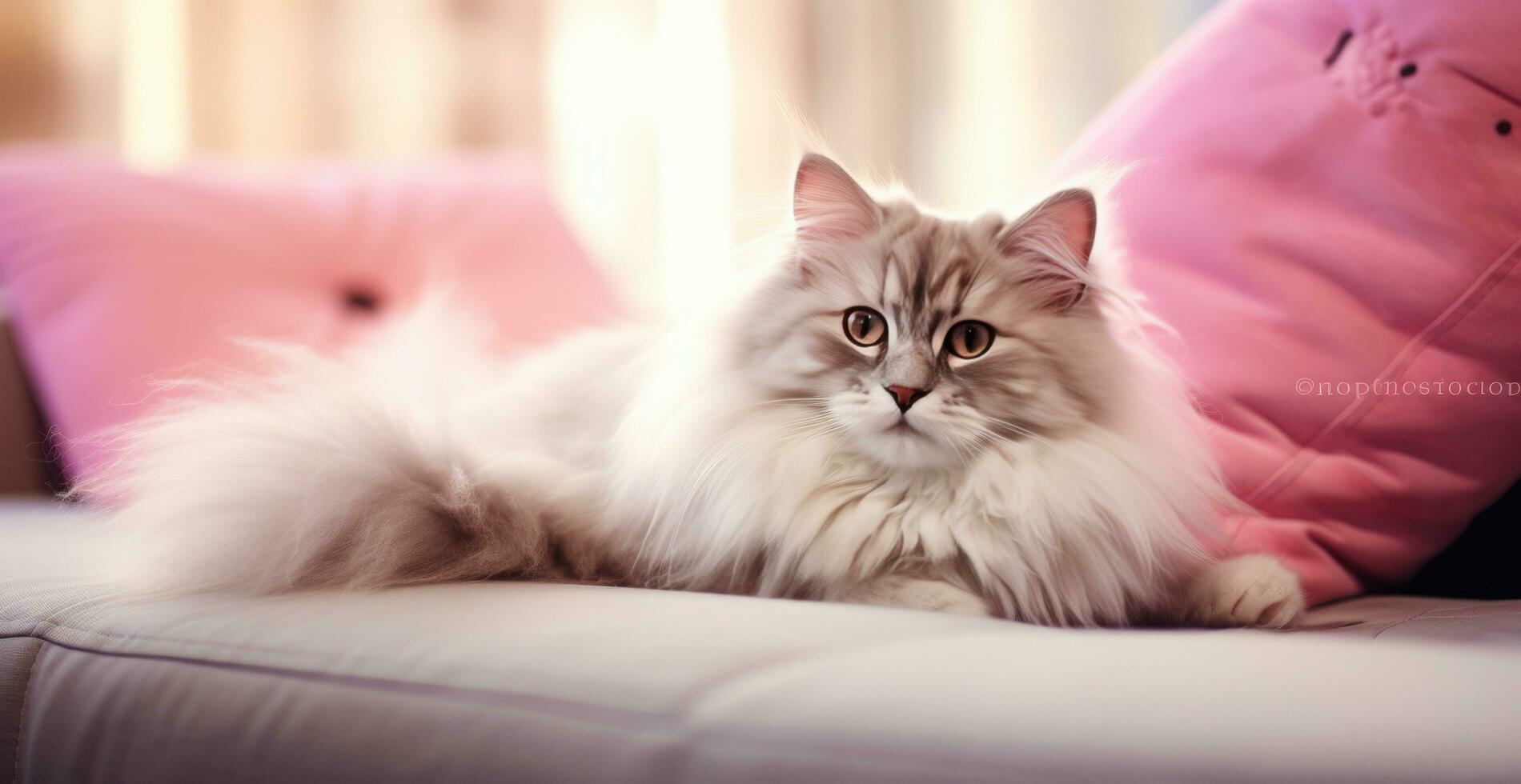 ai generato un' piccolo soffice gatto posa giù su un' divano con cuscini foto