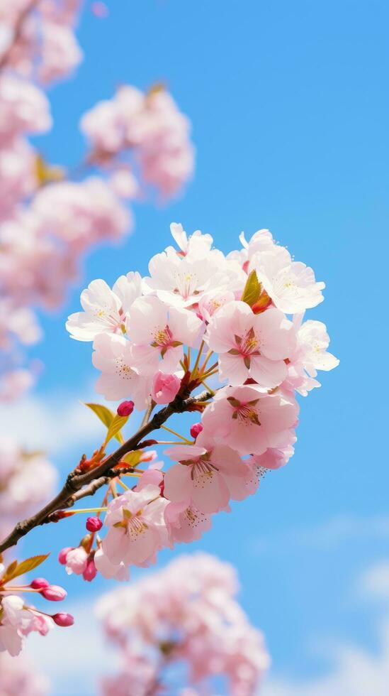 ai generato un' avvicinamento di un' bellissimo fioritura ciliegia albero, con delicato rosa petali contro un' blu cielo foto