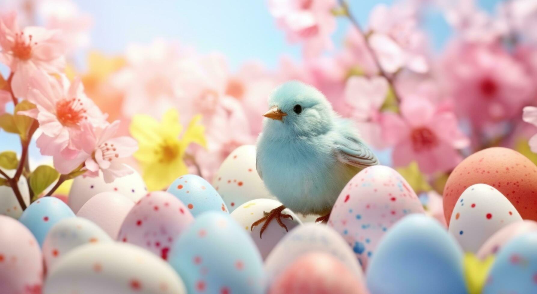 ai generato vario colorato Pasqua uova e fiori in giro il uccello foto