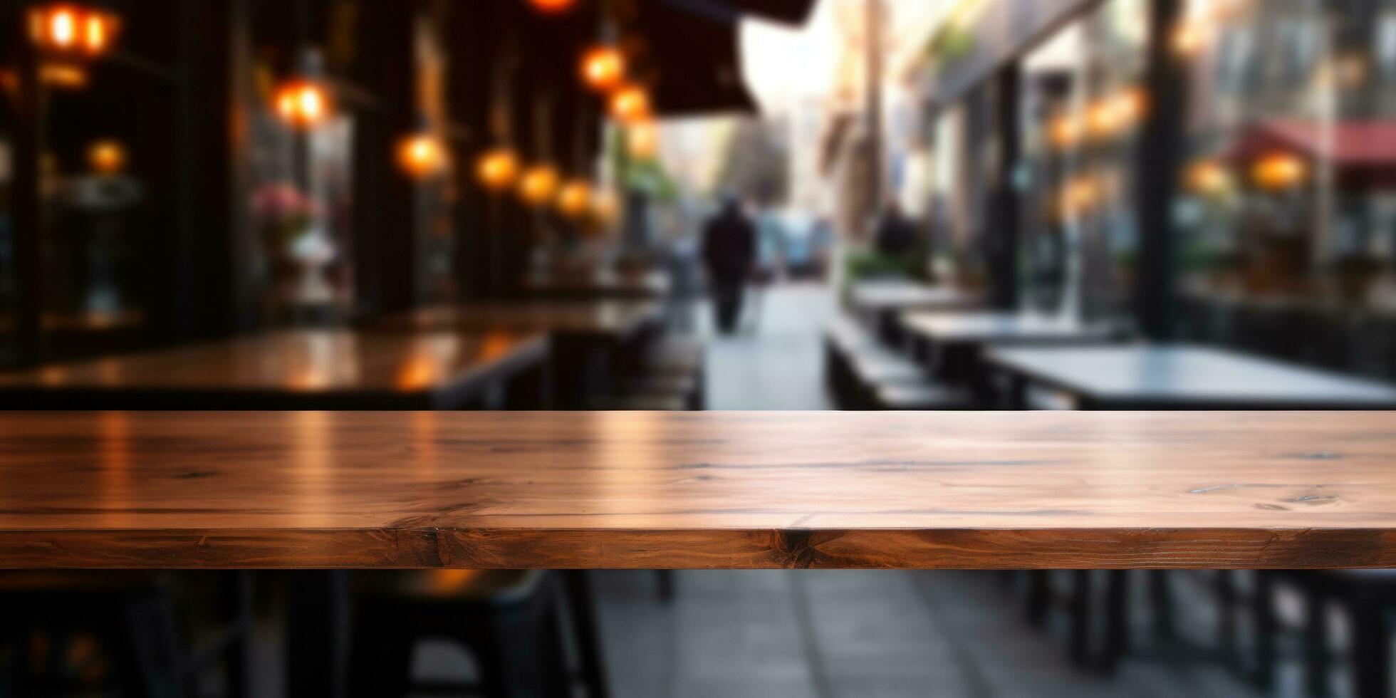ai generato vuoto di legno di legno tavolo nel davanti di il nero muri ristorante foto