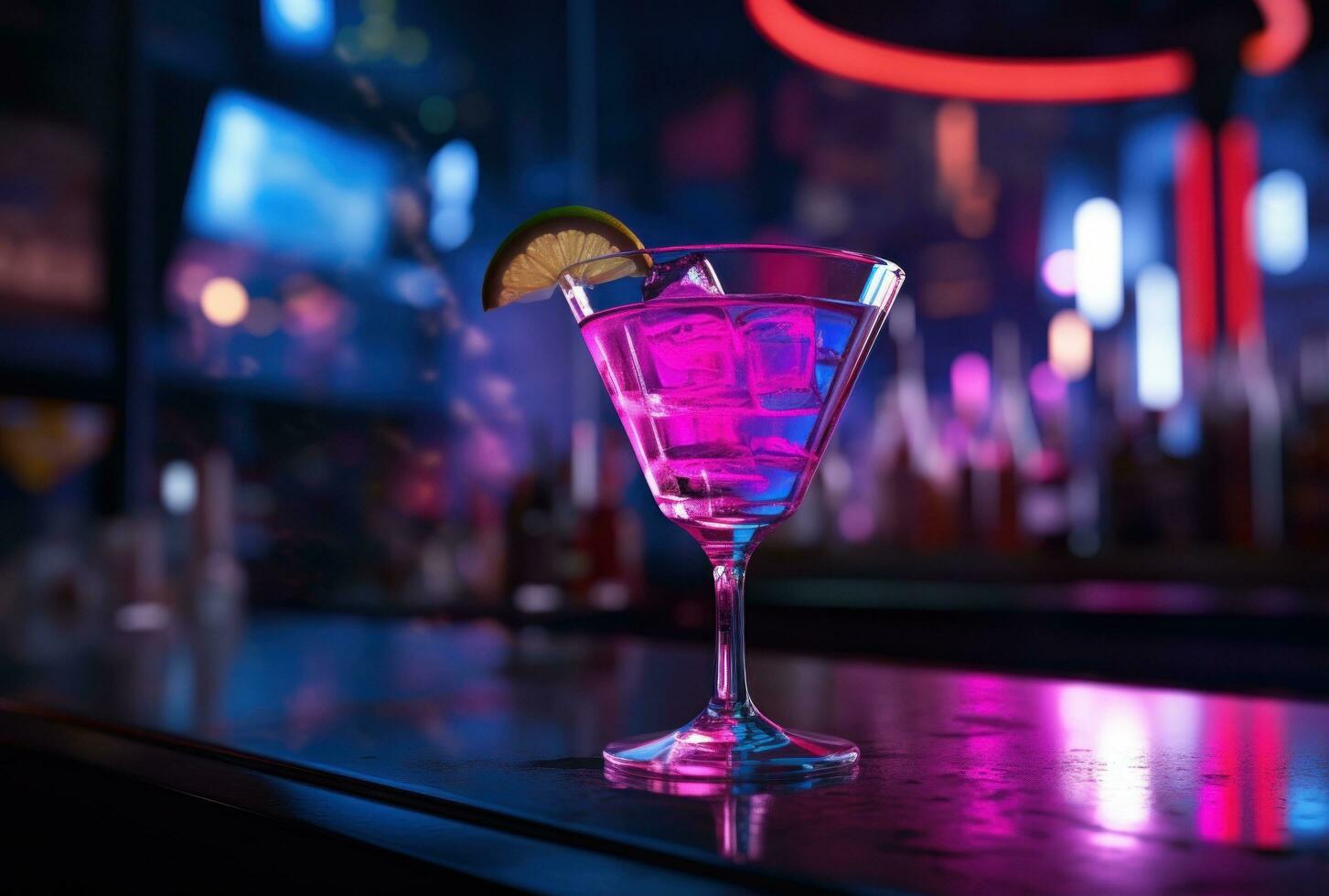 ai generato cocktail a il bar con colorato luci e neon cartello foto