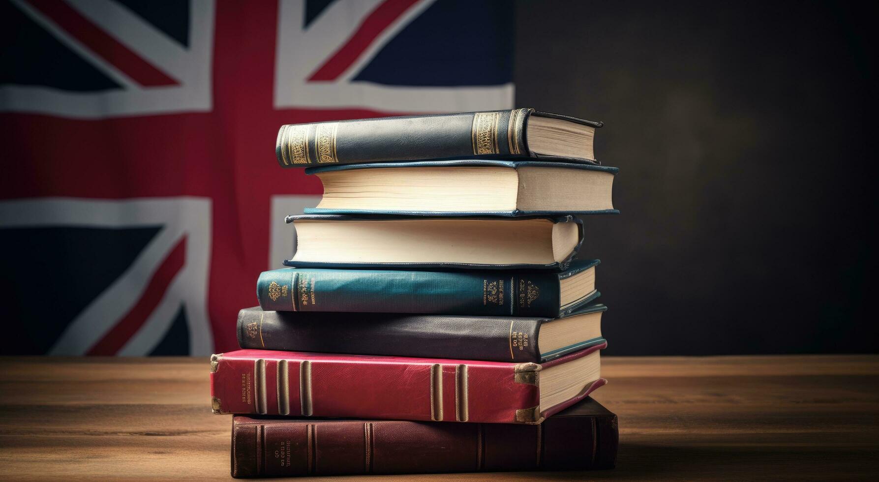 ai generato un vecchio Britannico zaino decorato con il Britannico bandiera si siede su superiore di un' pila di libri foto