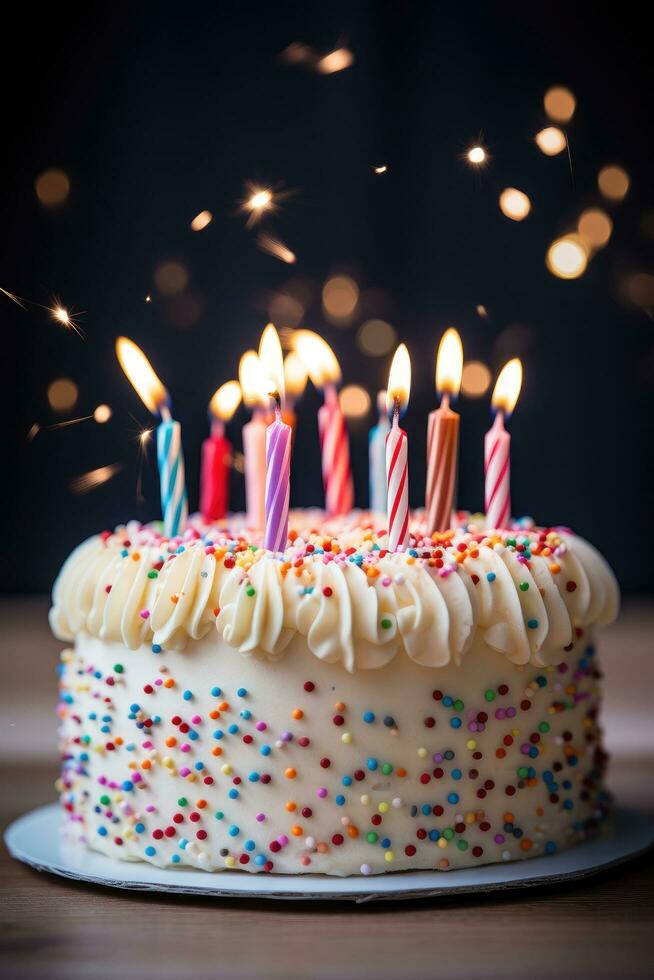 ai generato un' compleanno torta con candele illuminato, significare il celebrazione di un altro anno di vita foto