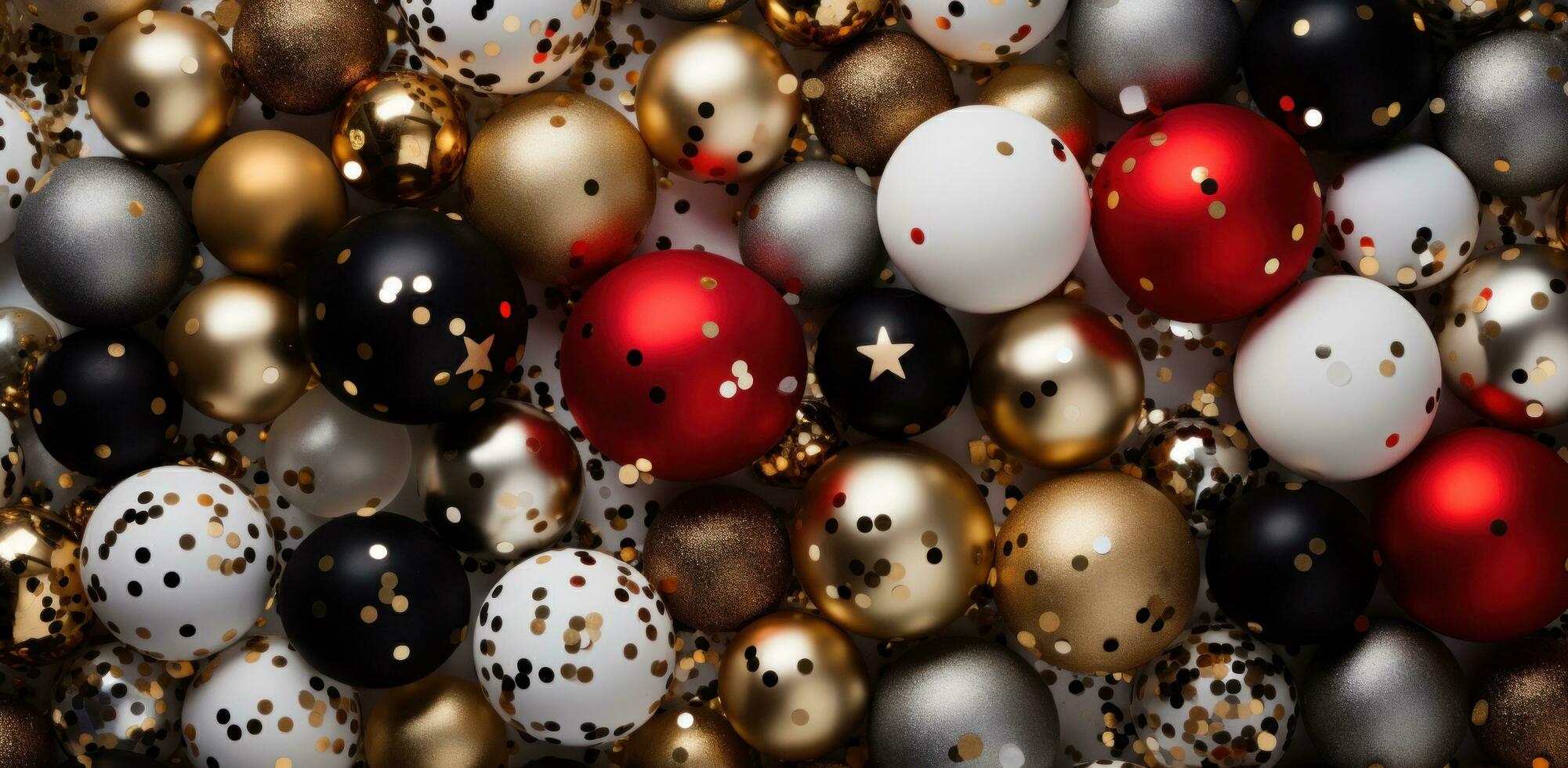 ai generato Natale nero oro luccichio oro metallico decorazioni. foto