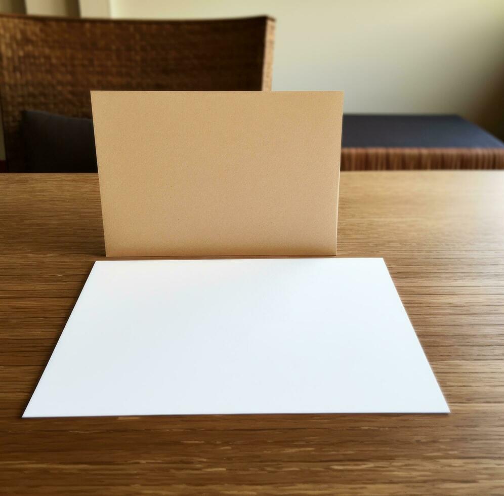 ai generato il saluto carta è su un' tavolo nel davanti di il vuoto cartone foto
