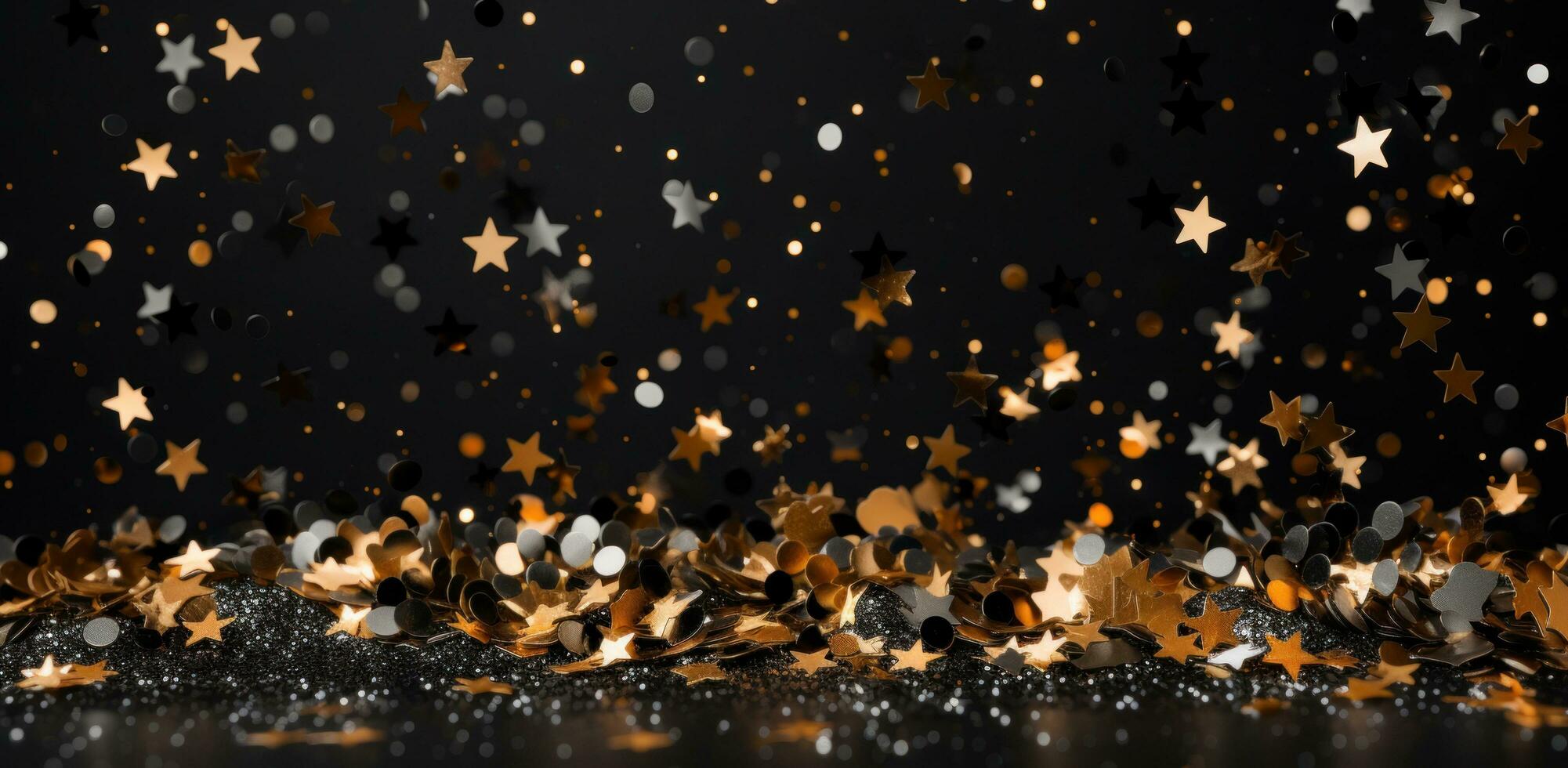 ai generato Natale nero oro luccichio oro metallico decorazioni. foto