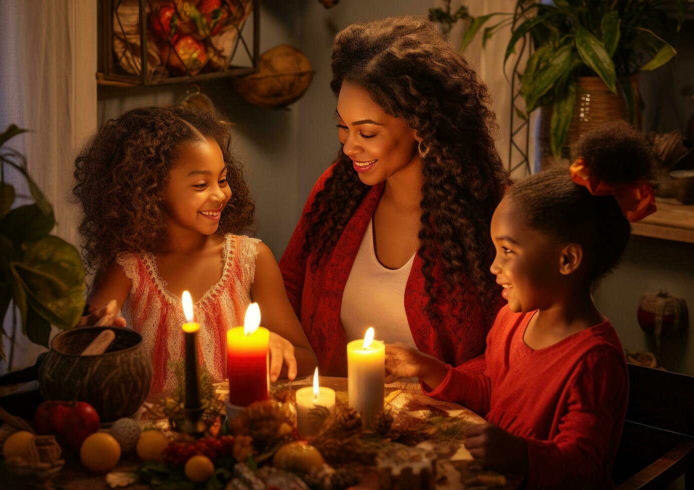 ai generato madre e figlie in giro il candela nel loro cucina foto