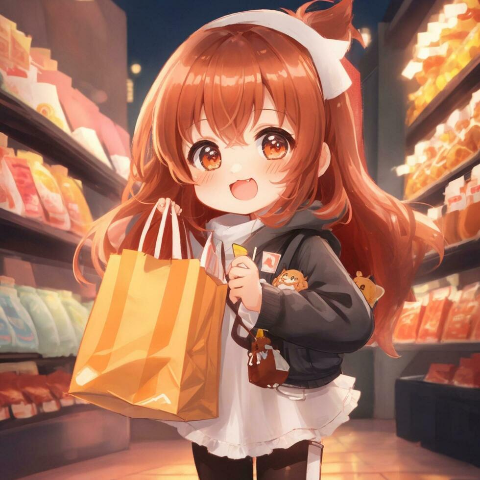 ai generato chibi personaggio carino femmina personaggio Tenere shopping borse felicemente foto