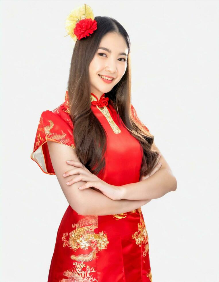 ai generato bellissimo Cinese donna nel tradizionale cheongsam vestito foto