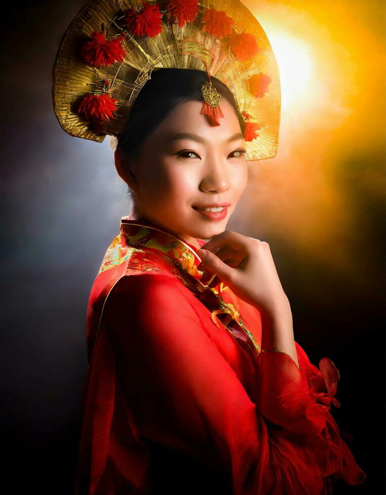 ai generato bellissimo Cinese donna nel tradizionale cheongsam vestito foto