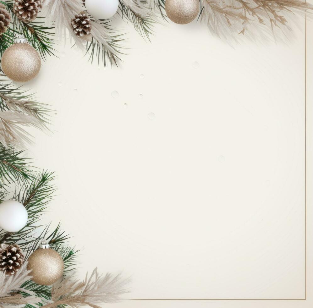 ai generato Natale ornamenti su telaio con pino rami su beige parete, png immagini foto