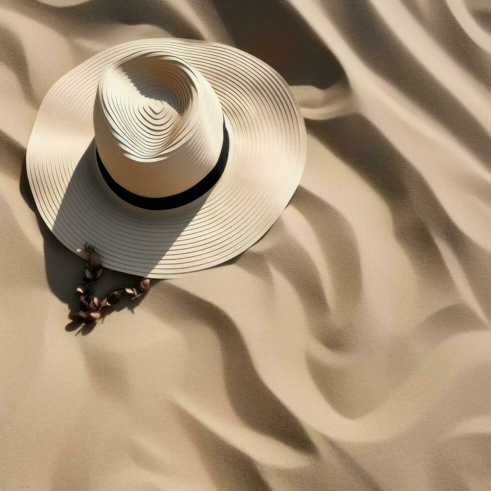 ai generato un' sole cappello e occhiali da sole seduta su sabbia, foto