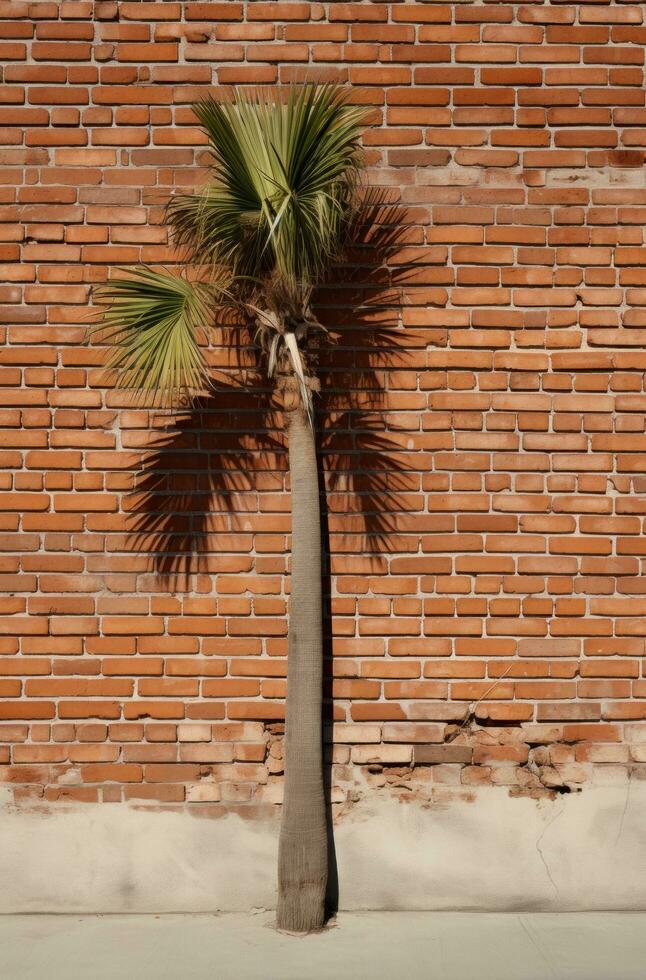 ai generato un' palma albero si siede di un' mattone muro, foglia modelli foto