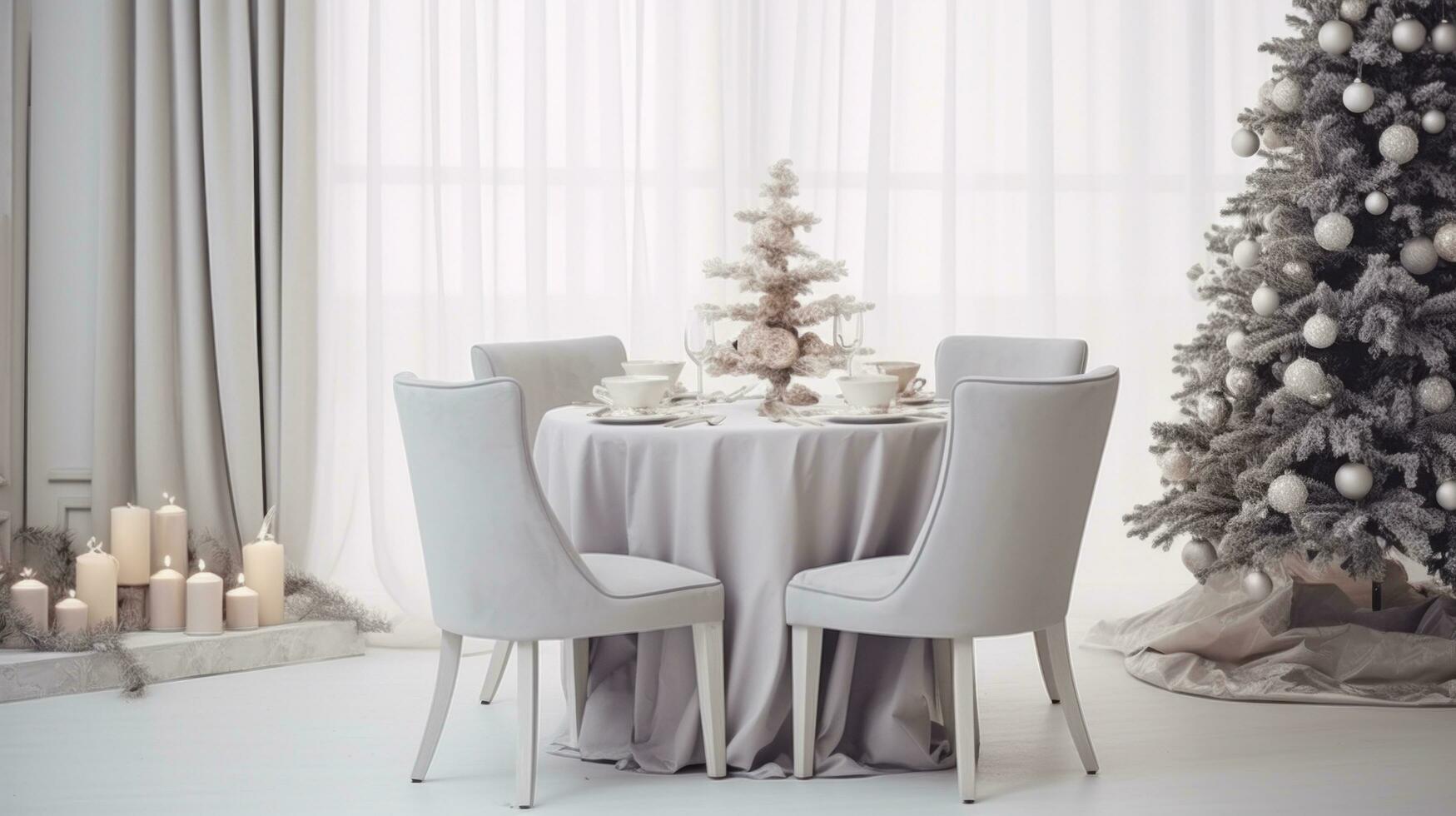 ai generato un' Natale tavolo e sedie a un' bianca tavolo ambientazione nel un' minimalista vivente camera ambientazione foto
