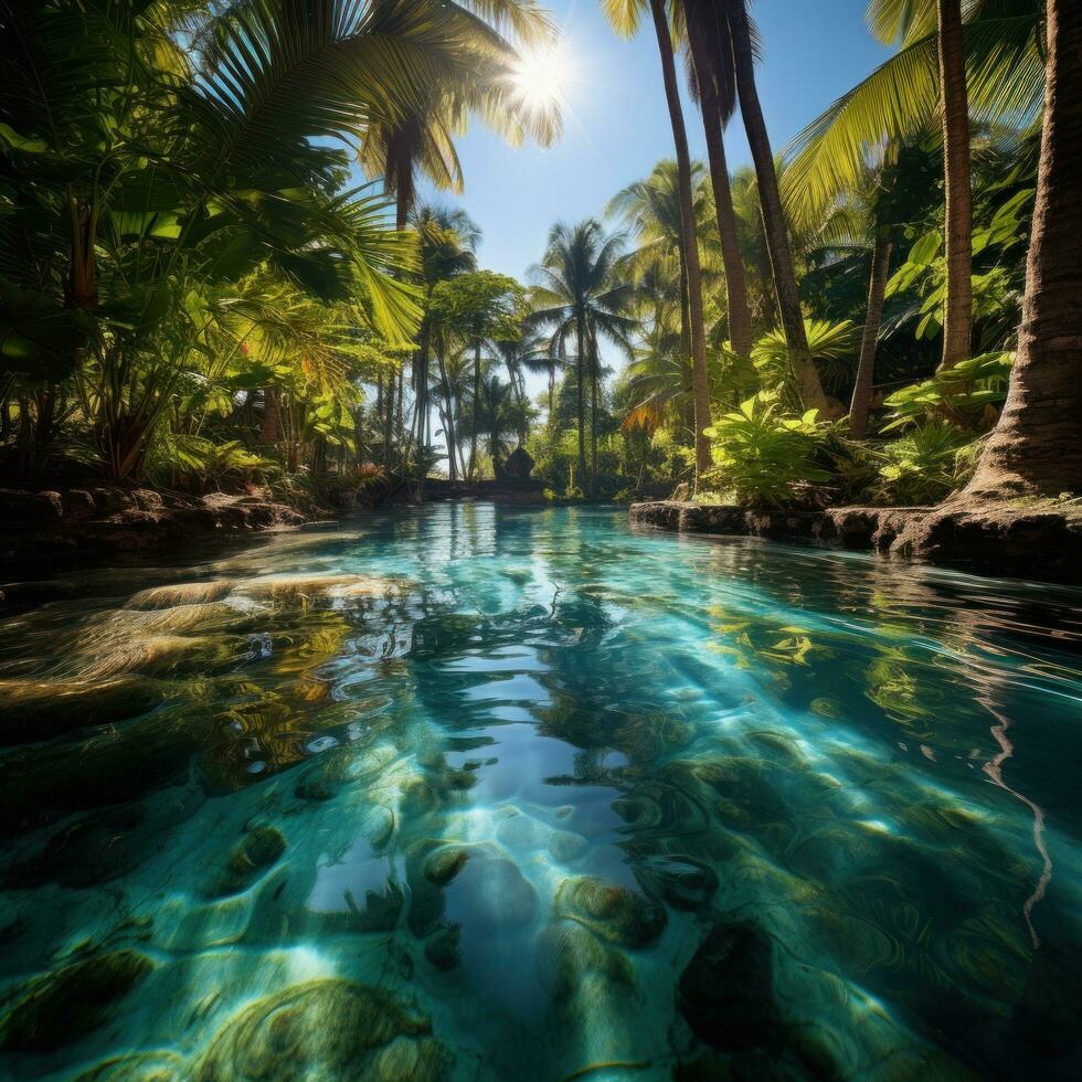 ai generato un' piscina nel un' tropicale Posizione, completare con palma alberi, chiaro acqua, e luce del sole foto