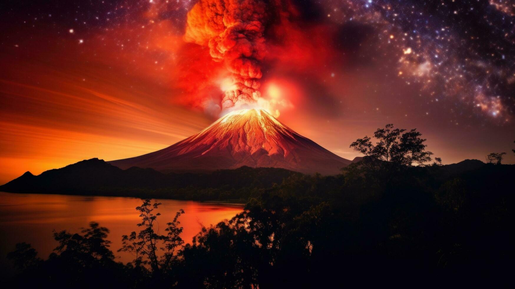 ai generato un' vulcano luci su il notte cielo con suo ardente splendore quello vetrine il bellezza di della natura energia foto