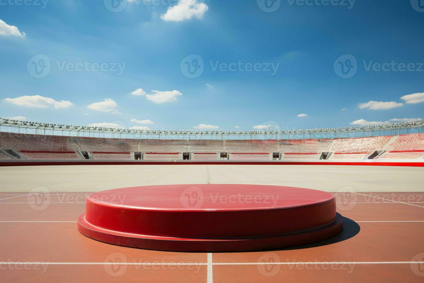 ai generato un' rosso podio nel il centro di il stadio, circondato di vuoto sedili. gli sport concorrenza concetto. generato di artificiale intelligenza foto