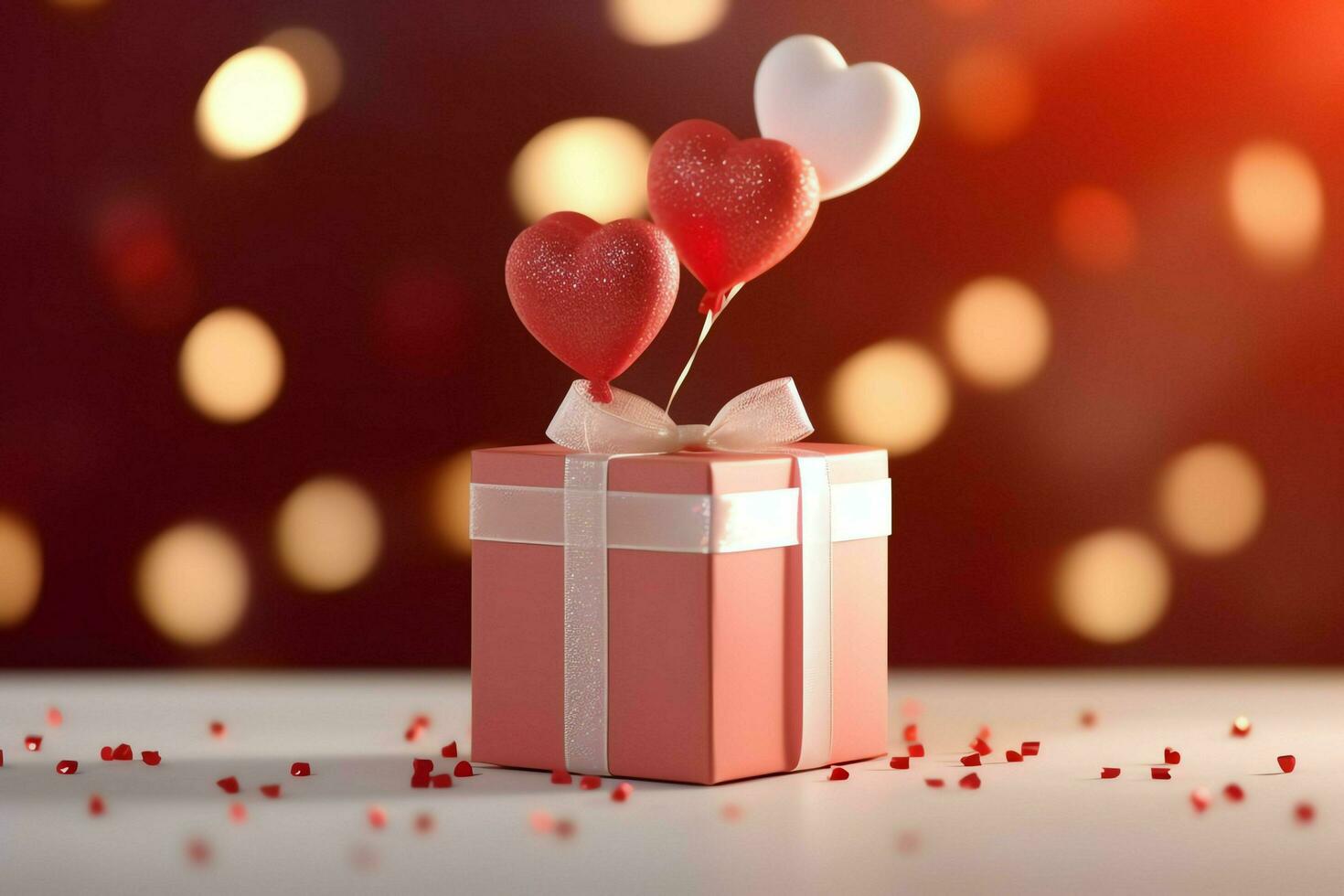 contento San Valentino giorno concetto con rosso regalo scatola e cuore sagomato palloncini romantico bandiera amore concetto di ai generato foto