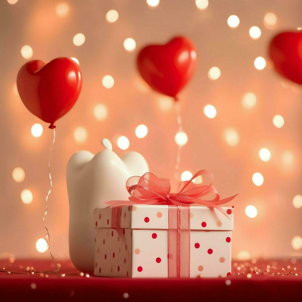 contento San Valentino giorno concetto con rosso regalo scatola e cuore sagomato palloncini romantico bandiera amore concetto di ai generato foto