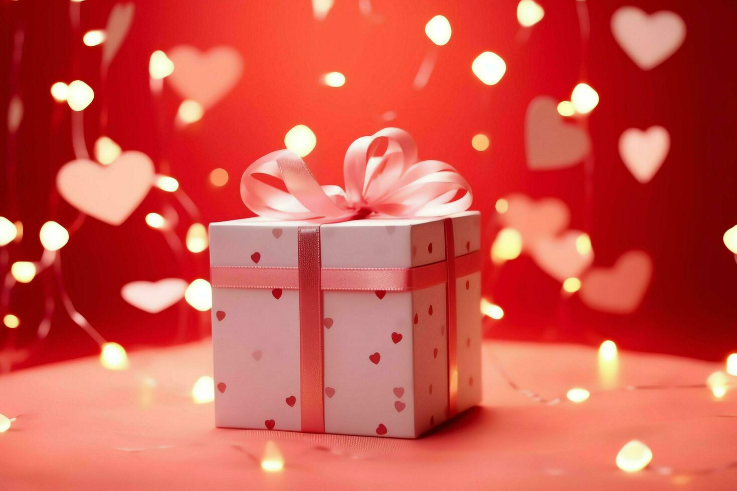 contento San Valentino giorno concetto con rosso regalo scatola e cuore sagomato palloncini romantico bandiera amore concetto di ai generato foto