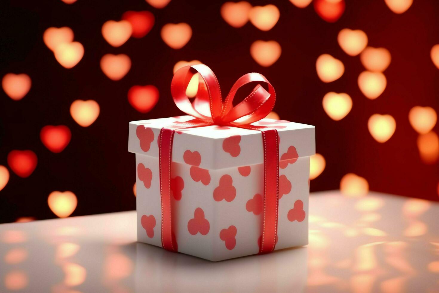 contento San Valentino giorno concetto con rosso regalo scatola e cuore sagomato palloncini romantico bandiera amore concetto di ai generato foto