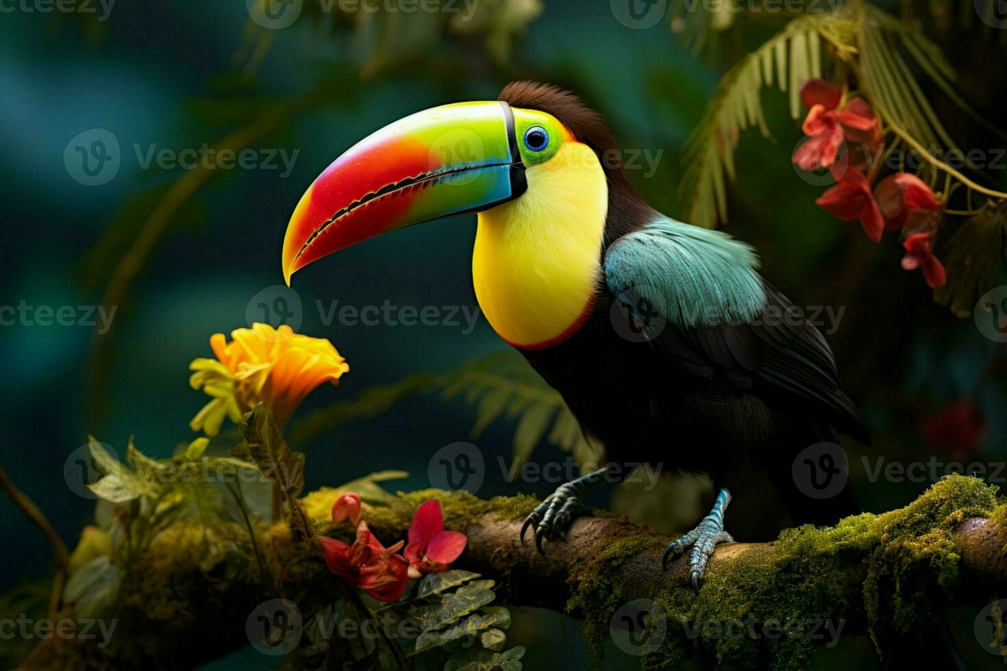 ai generato vivace chiglia fatturato tucano in mezzo panama ricco vegetazione un' travolgente natura scena ai generato foto