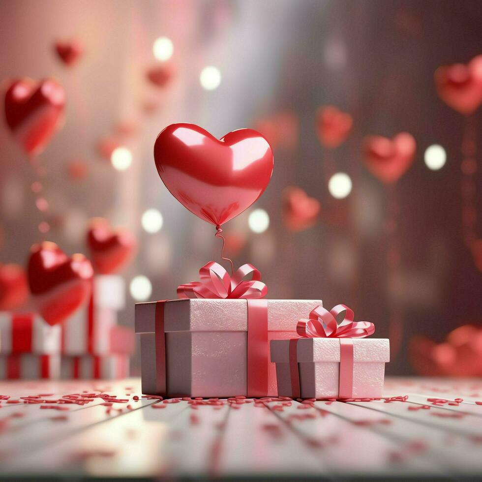 contento San Valentino giorno concetto con rosso regalo scatola e cuore sagomato palloncini romantico bandiera amore concetto di ai generato foto