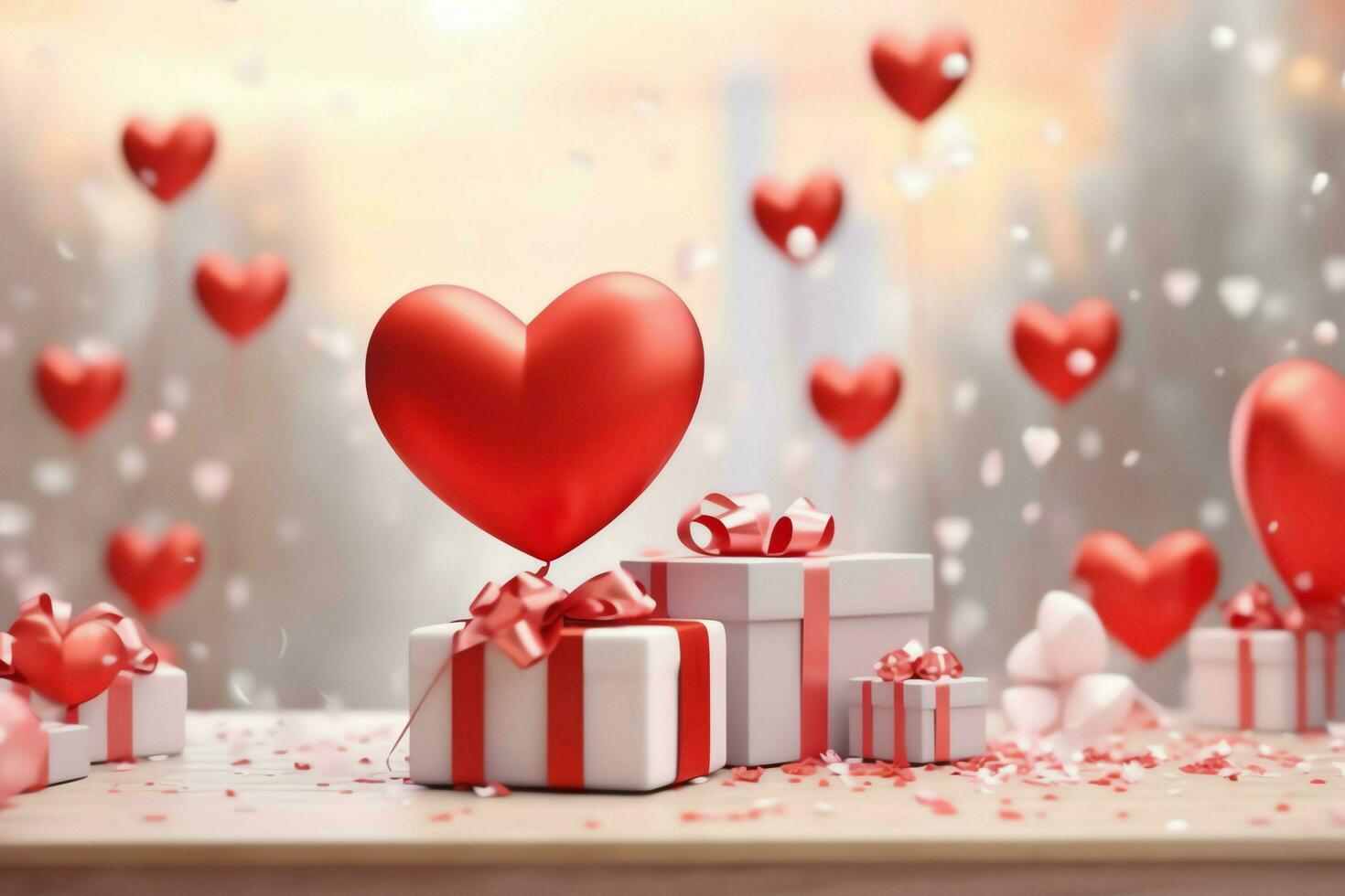 contento San Valentino giorno concetto con rosso regalo scatola e cuore sagomato palloncini romantico bandiera amore concetto di ai generato foto