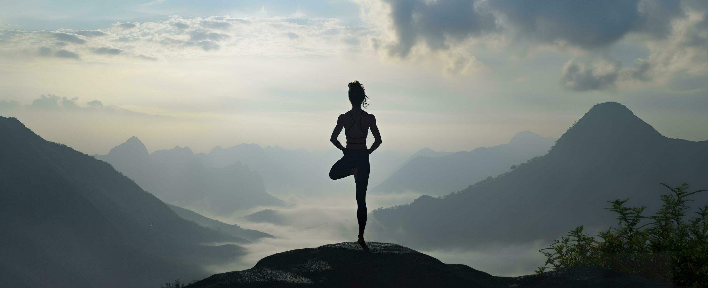 ai generato silhouette di un' donna praticante yoga nel il vertice con montagna sfondo. ai generato foto