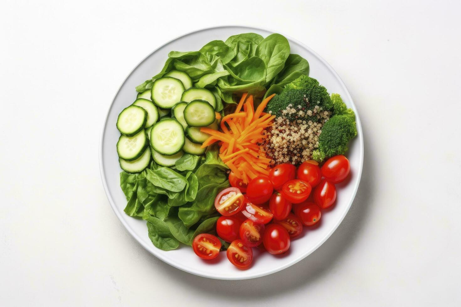 ai generato insalata con quinoa, spinaci, broccoli, pomodori, cetrioli e carote. ai generato foto