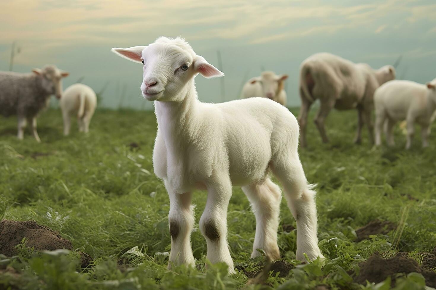 ai generato bianca agnello nel un' campo nel davanti di altro animali. generativo ai foto