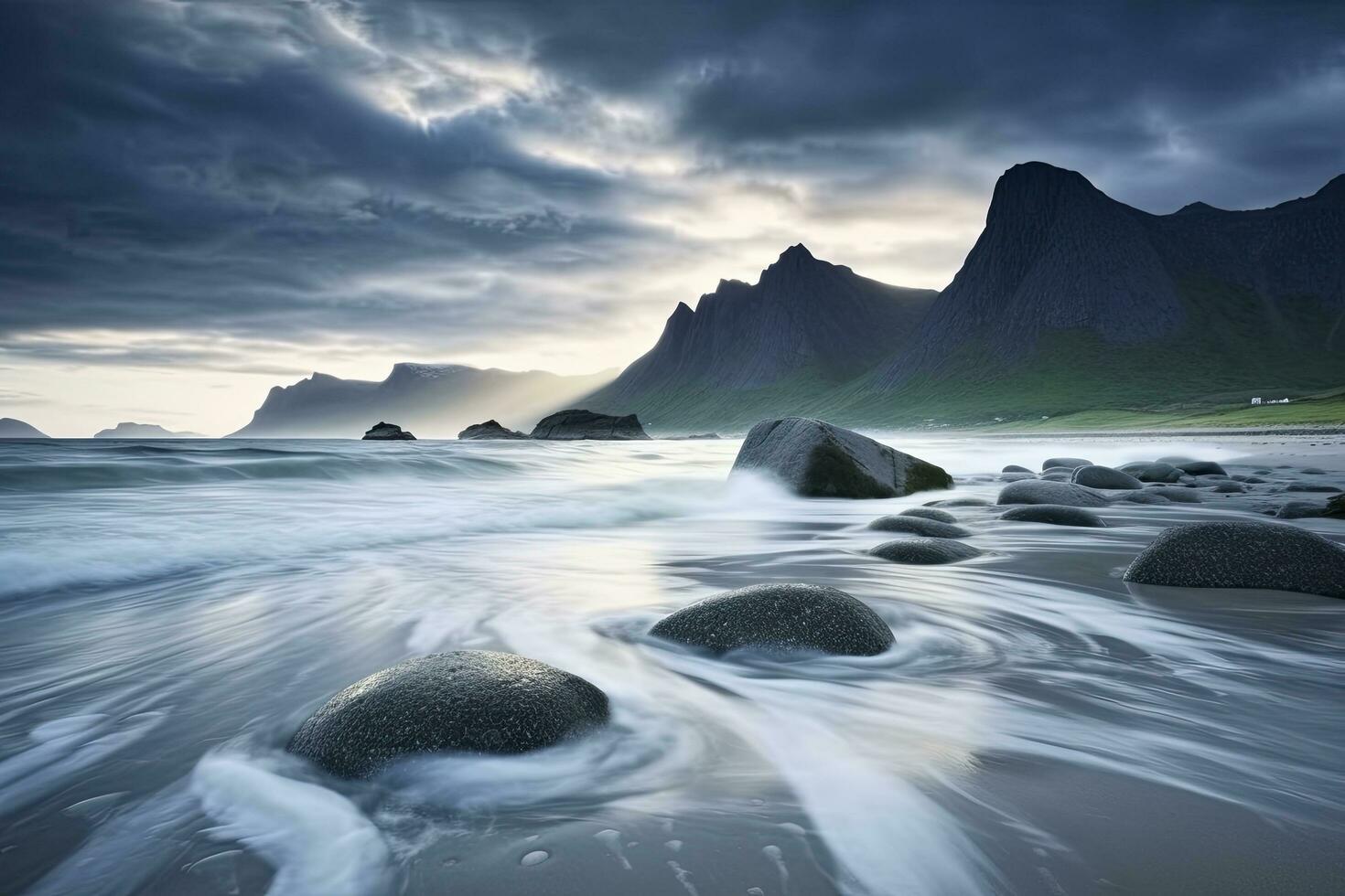 ai generato uttakleiv spiaggia, con drammatico montagne e picchi, Aperto mare e riparato baie, spiagge e intatto terre. ai generato foto