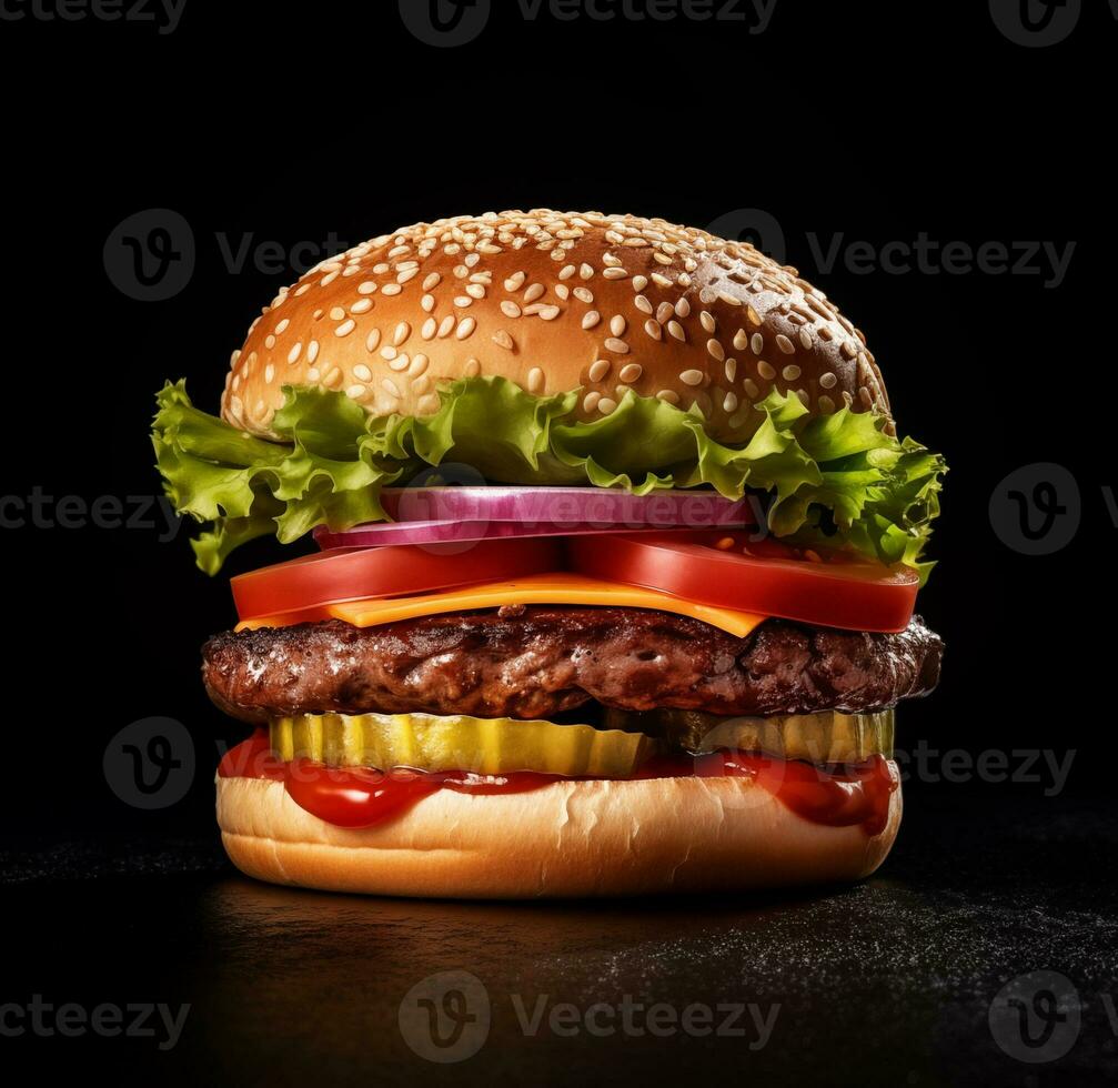 ai generato grande hamburger su nero sfondo foto
