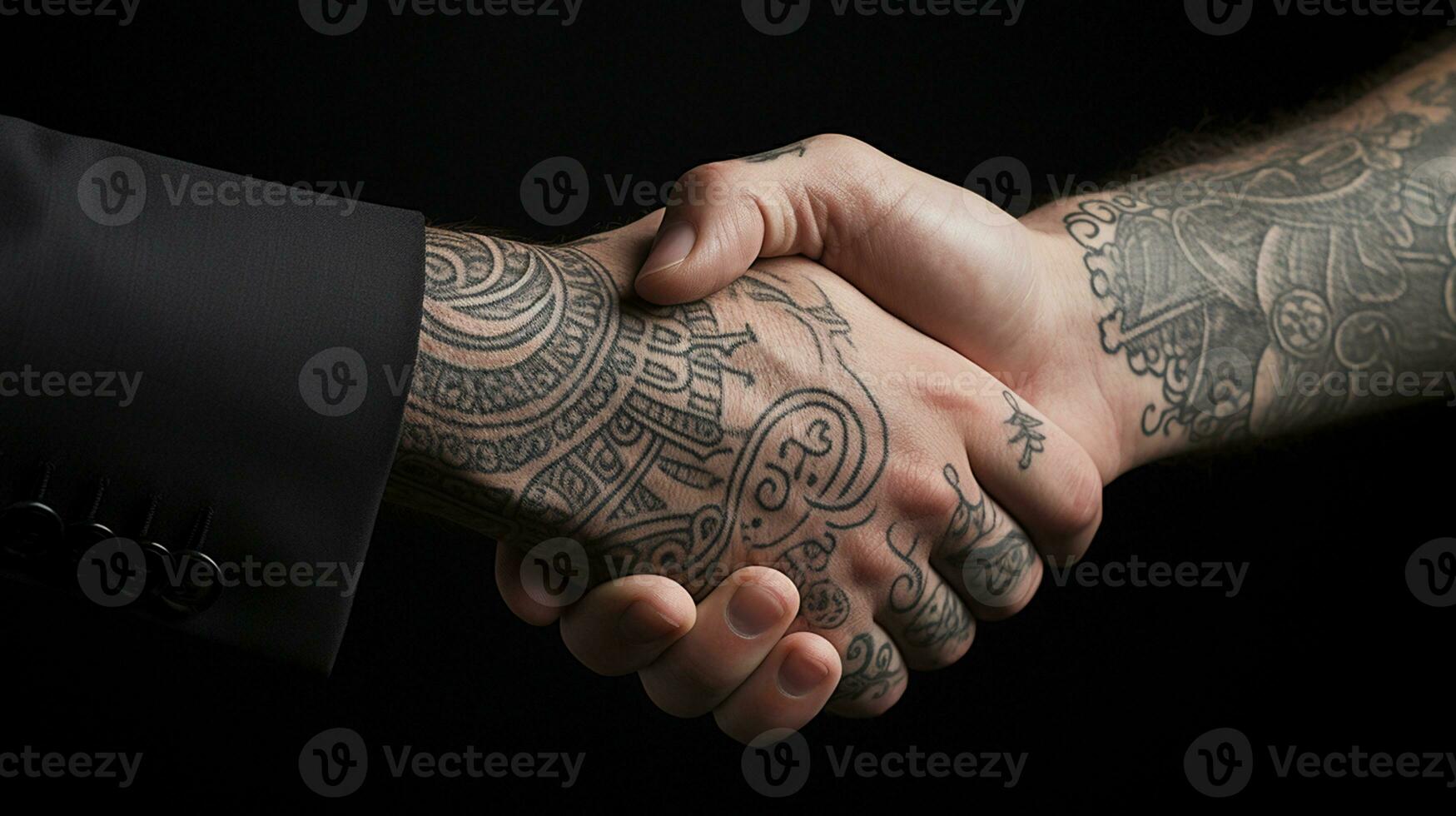 ai generato tatuaggio stretta di mano Due uomini d'affari significa riuscito accordo nero sfondo. generativo ai foto