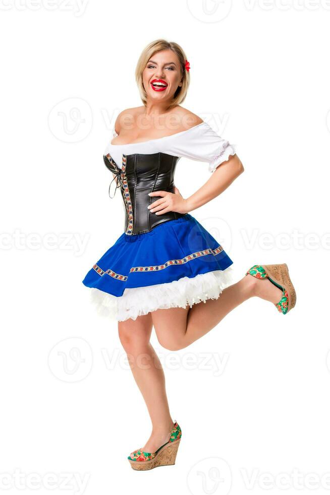 bellissimo giovane biondo ragazza di oktoberfest birra stein foto