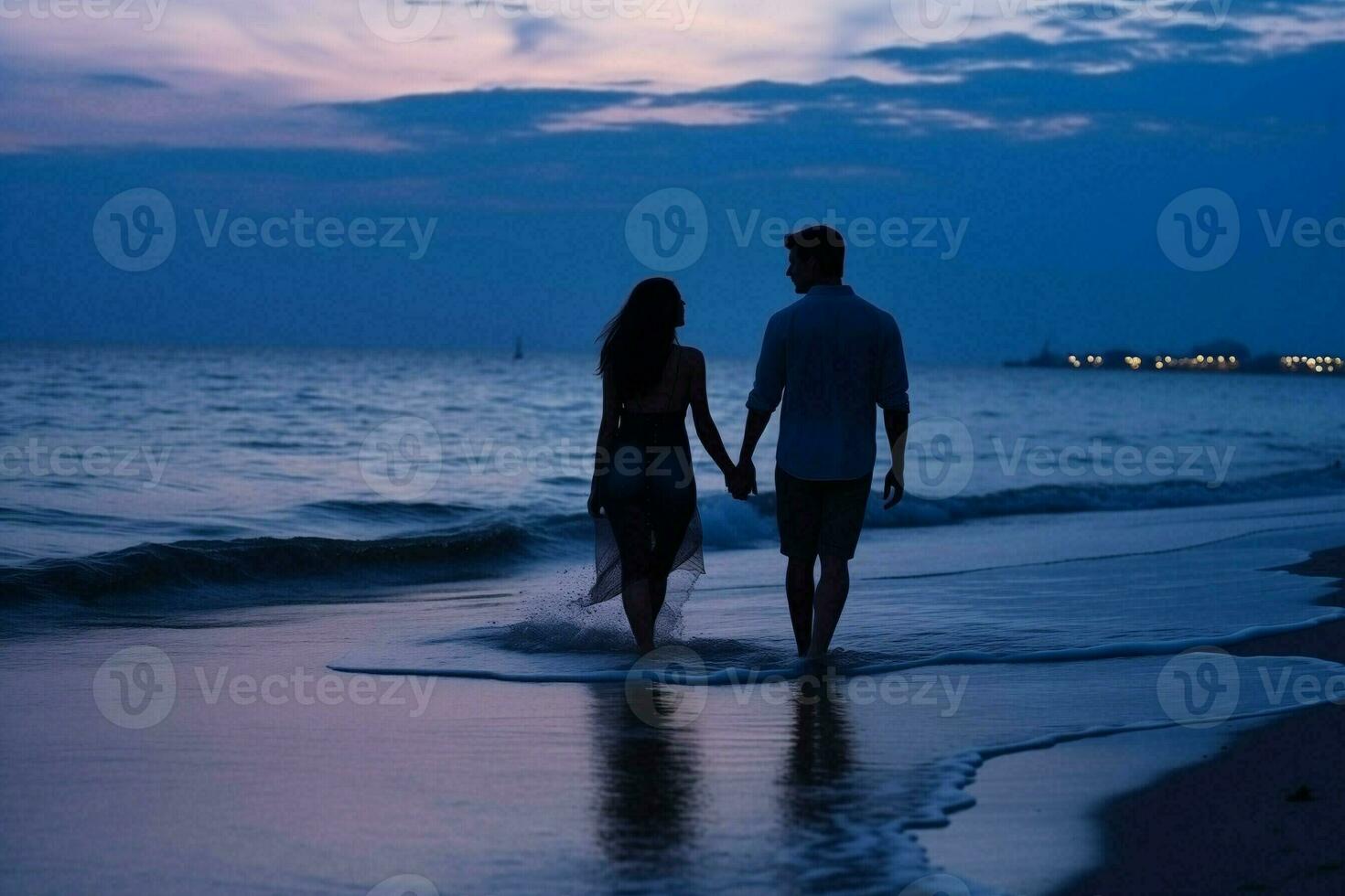 ai generato amorevole coppia passeggiate lungo il riva a tranquillo, calmo crepuscolo foto