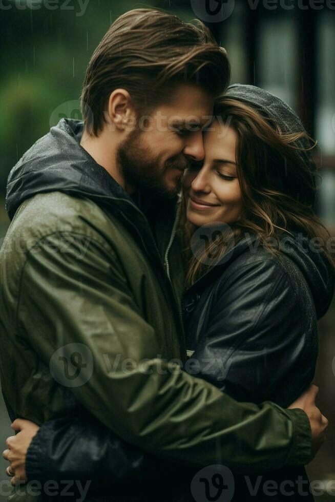 ai generato coppia condivisione un' amorevole abbraccio nel il pioggia all'aperto foto