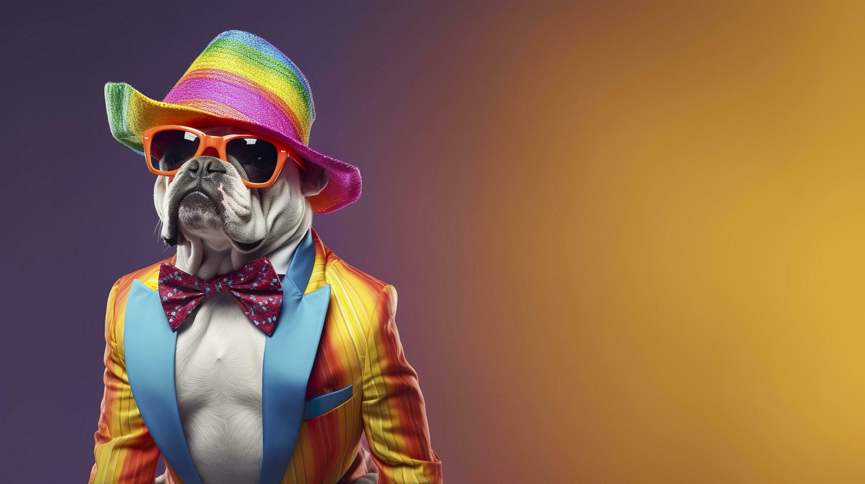 ai generato freddo guardare bulldog indossare impaurito moda vestire. spazio per testo giusto lato. ai generato foto