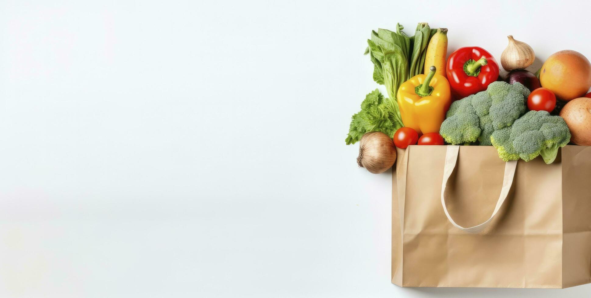 ai generato salutare cibo nel carta Borsa verdure e frutta su bianca sfondo. ai generato foto