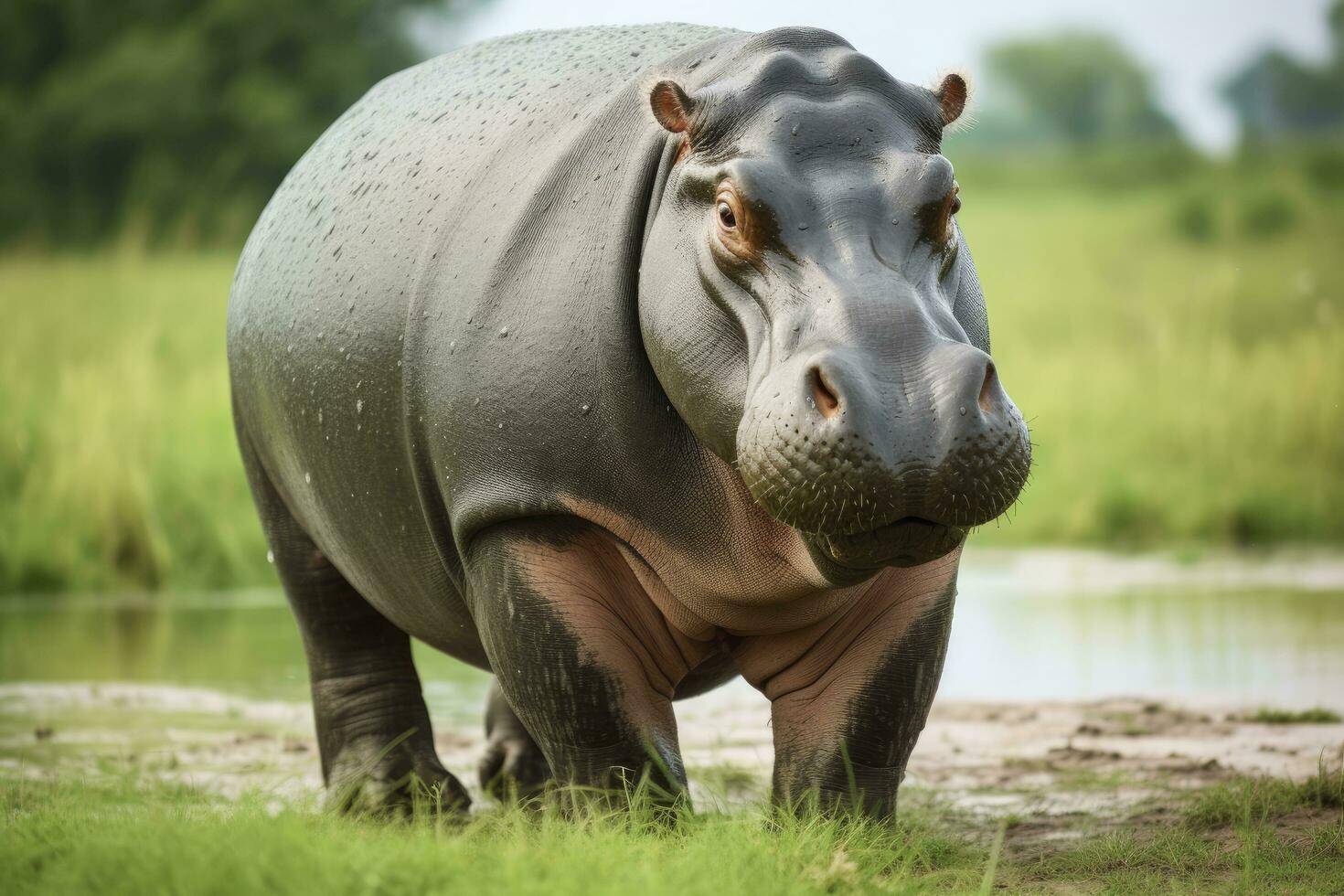 ai generato ippopotamo a piedi nel un' verde campo. ai generato foto