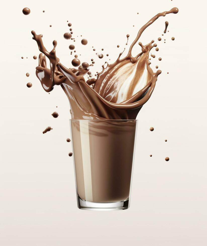 ai generato bicchiere con spruzzi cacao, cioccolato versando, e spruzzata. 3d illustrazione. ai generato foto