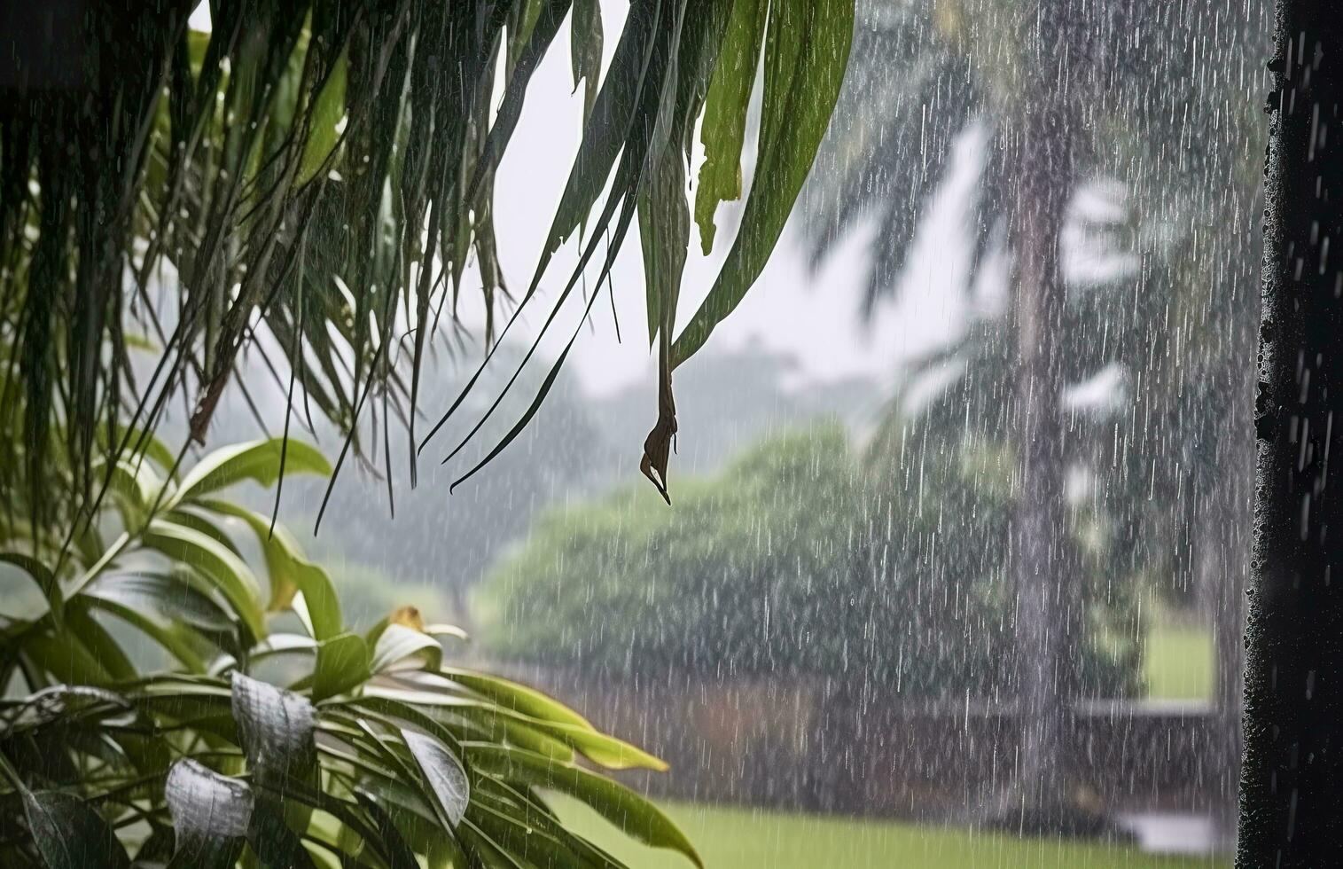 ai generato pioggia nel il tropici durante il Basso stagione o monsone stagione. gocce di pioggia nel un' giardino. generativo ai foto