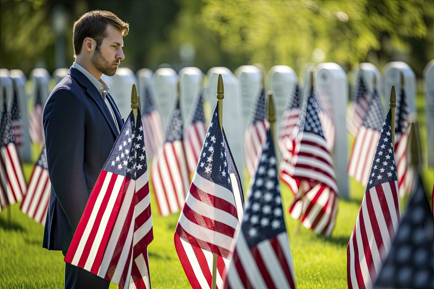 ai generato militare lapidi e lapidi decorato con bandiere per memoriale giorno. ai generato foto