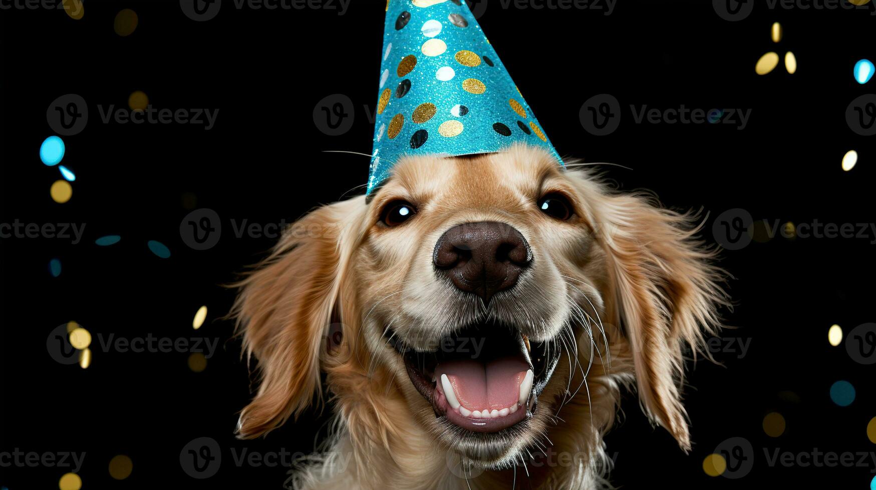 ai generato contento cane indossare un' festa cappello, festeggiare a un' compleanno festa. generativo ai foto