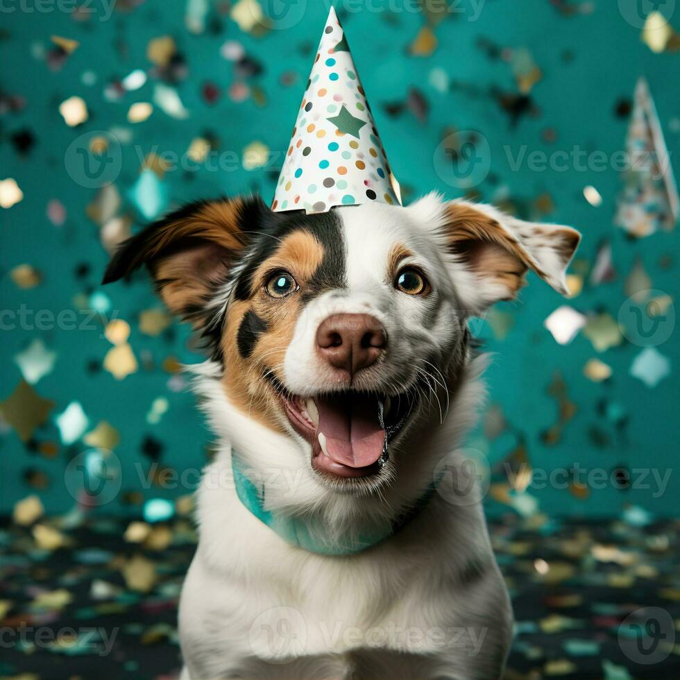 ai generato contento cane indossare un' festa cappello, festeggiare a un' compleanno festa. generativo ai foto