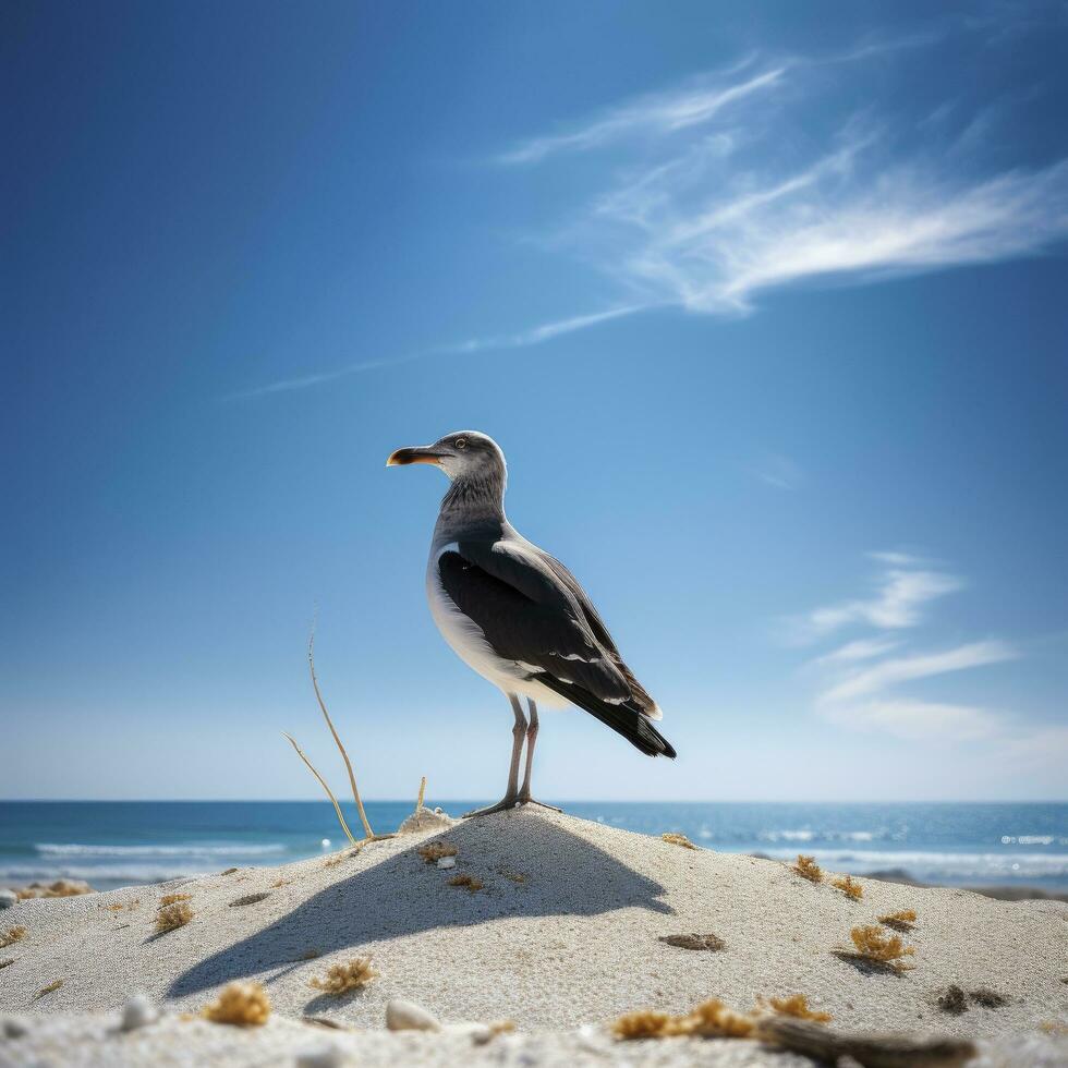 ai generato gabbiano su il spiaggia sotto blu cielo. foto