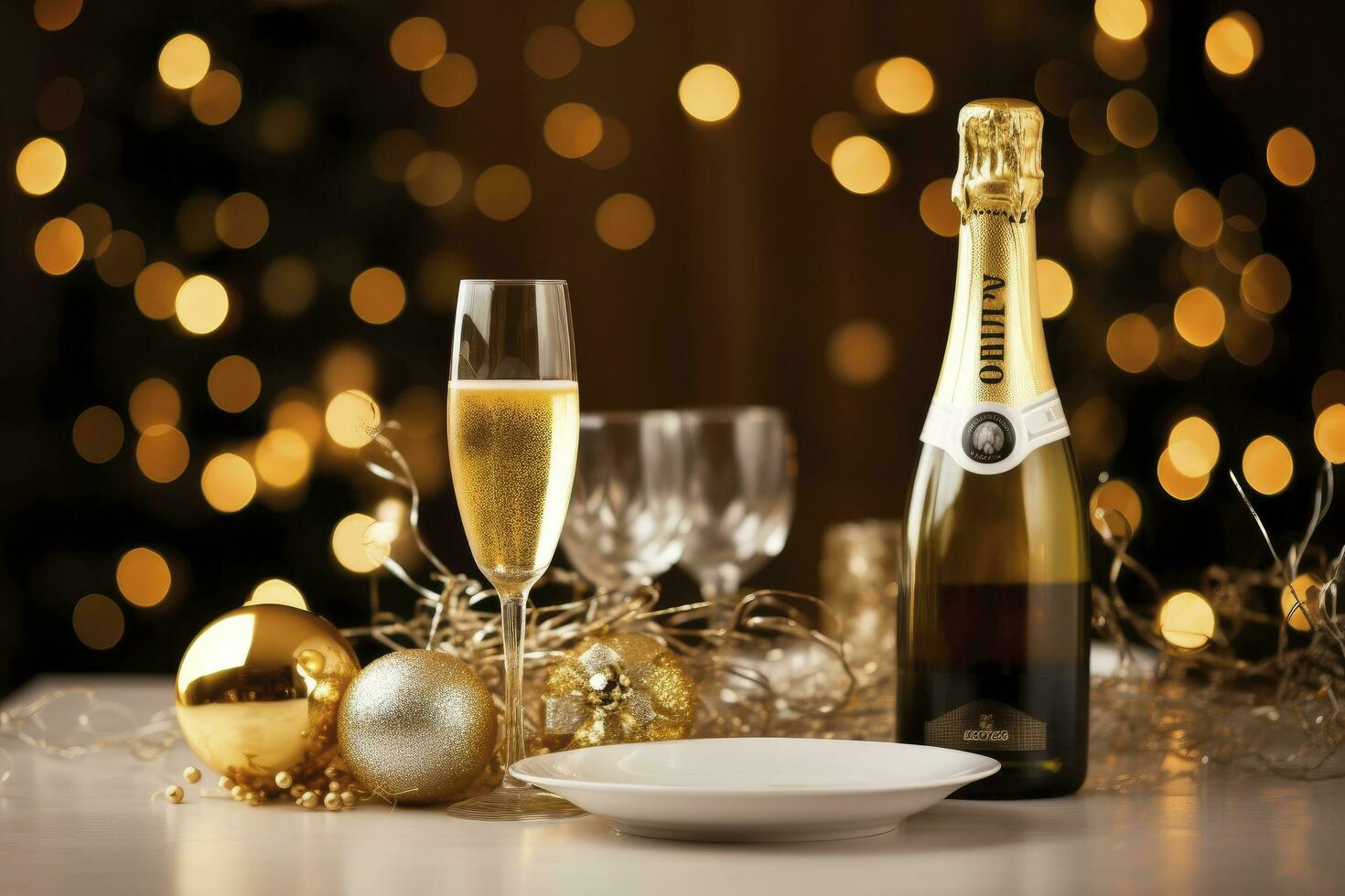ai generato Natale tavolo ambientazione con vacanza decorazioni nel vino bottiglia e vino bicchieri contro bokeh sfondo foto